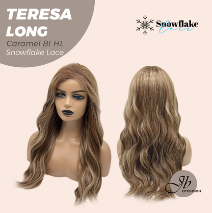 JBEXTENSION 22 Inches Long Caramel Blonde Highlight Pre-Cut Snowflake Lace Frontlace Glueless Wig TERESA LONG CARAMEL BLONDE HIGHLIGHT【PERMATEASE】【BENDY EAR TABS】- M/L