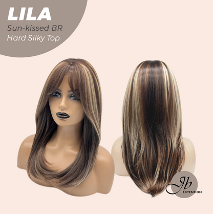 JBEXTENSION 20 Inches Scalpiana Sun-kissed Brown Wolf Cut 3.5X4 Hard Silky Top Natural Scalp Effect Wig with Bangs LILA SUN-KISSED BROWN