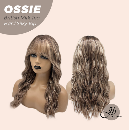 JBEXTENSION 22 Inches Scalpiana Long Wave British Milk Tea 3.5X4 Hard Silky Top Natural Scalp Effect Wig with Bangs OSSIE BRITISH MILK TEA