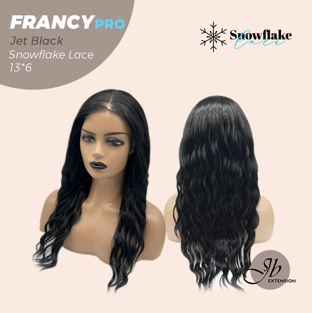 JBEXTENSION 24 Inches Long Wave Jet Black Pre-Cut 13X6 Free Part Snowflake Lace Frontlace Glueless Wig FRANCY PRO - JET BLACK【BENDY EAR TABS】
