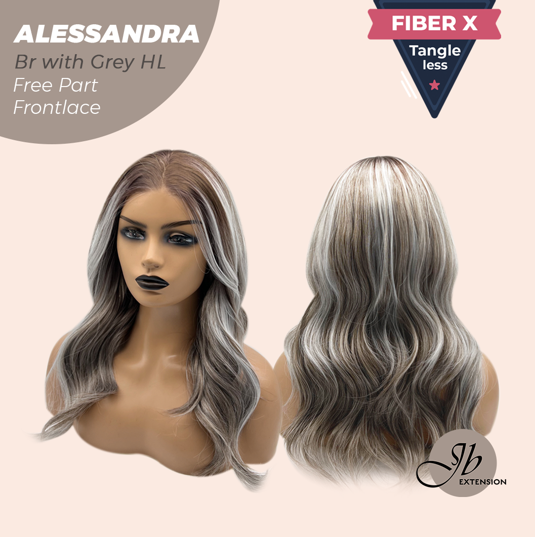 JBEXTENSION 20 Inches Brown with Grey Highlight Curly Fiber X, Tangle Less Pre-Cut Free Part Frontlace Glueless Wig ALESSANDRA GREY【FIBER X】