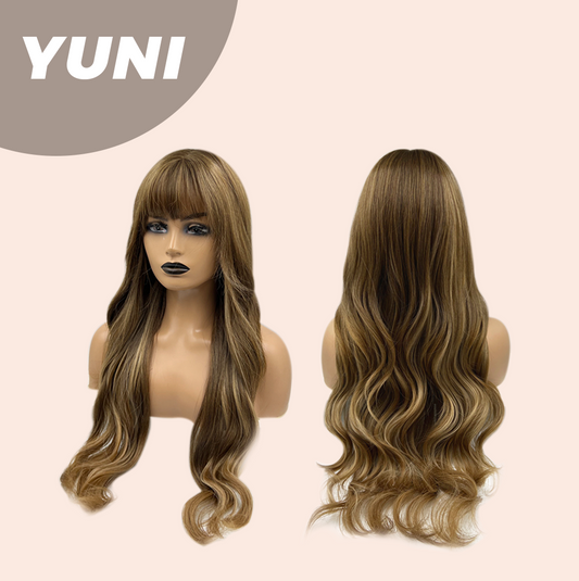 [FINAL SALE] JBEXTENSION 28 Inches Brown With Highlight Curly Wig With Bangs YUNI