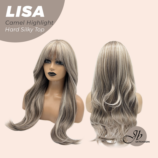 JBEXTENSION 26 Inches Scalpiana Long Curly Camel Highlight 3.5X4 Hard Silky Top Natural Scalp Effect Wig with Bangs LISA CAMEL HIGHLIGHT