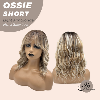 JBEXTENSION 14 Inches Scalpiana Wave Light Mix Blonde 3.5X4 Hard Silky Top Natural Scalp Effect Wig with Bangs OSSIE SHORT - LIGHT MIX BLONDE