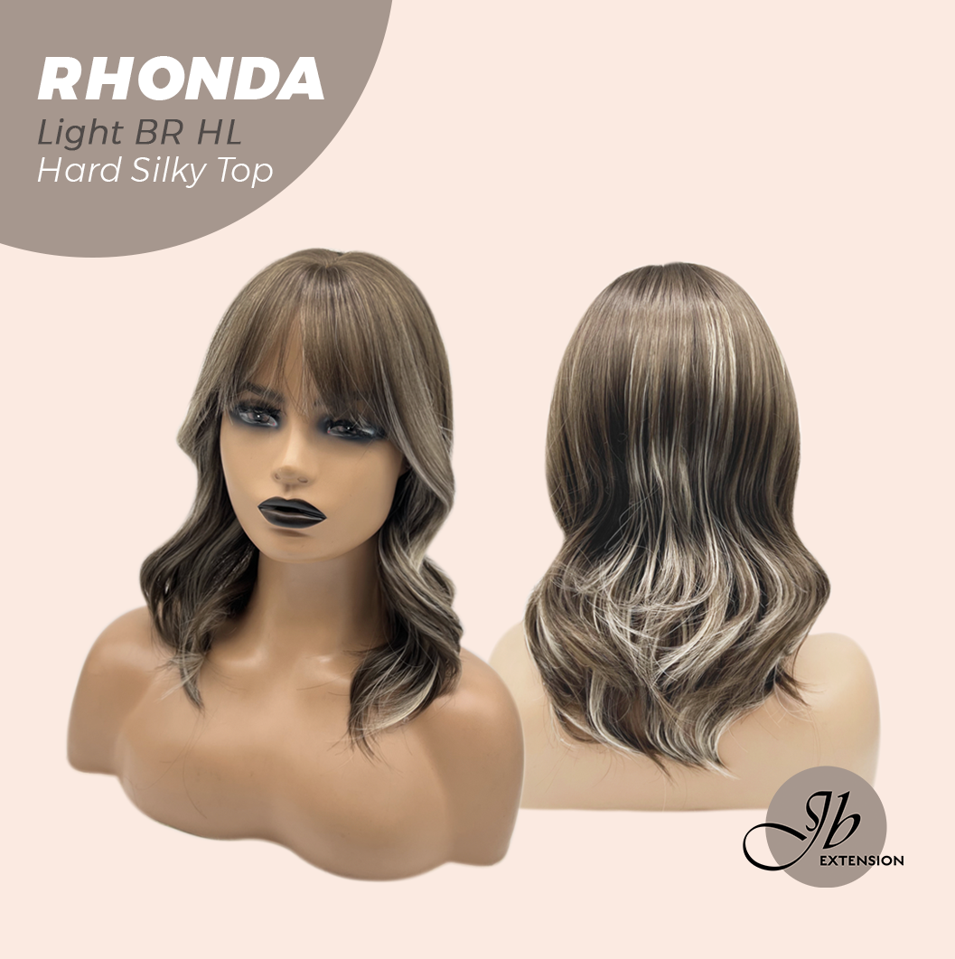 JBEXTENSION 15 Inches Scalpiana Curly Light Brown with Highlight 3.5X4 Hard Silky Top Natural Scalp Effect Wig with Bangs RHONDA LIGHT BROWN HIGHLIGHT
