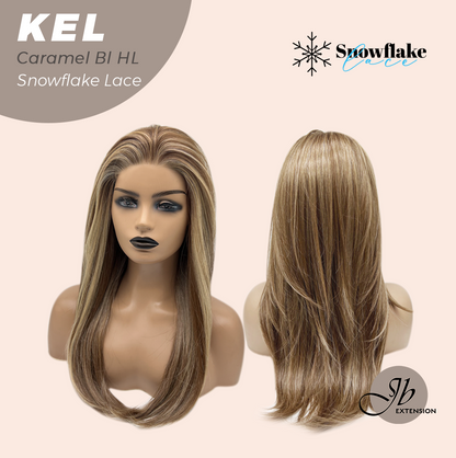 JBEXTENSION 22 Inches Caramel Blonde Highlight Pre-Cut Snowflake Lace Frontlace Glueless Wig KEL CARAMEL BLONDE HIGHLIGHT【PERMATEASE】【BENDY EAR TABS】- M/L