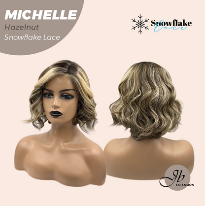 JBEXTENSION 10 Inches Hazelnut Blonde Highlight Pre-Cut Side Part Snowflake Lace Frontlace Glueless Wig MICHELLE HAZELNUT【BENDY EAR TABS】- M/L