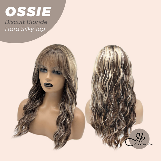 JBEXTENSION 22 Inches Scalpiana Long Wave Biscuit Blonde 3.5X4 Hard Silky Top Natural Scalp Effect Wig with Bangs OSSIE BISCUIT BLONDE