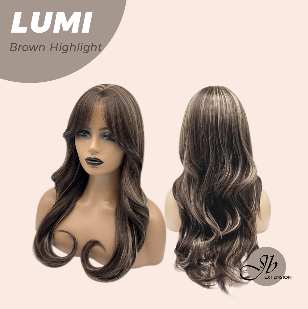 JBEXTENSION 23 Inches Curly Brown Highlight Wig with Bangs LUMI BROWN HIGHLIGHT