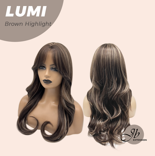 JBEXTENSION 23 Inches Curly Brown Highlight Wig with Bangs LUMI BROWN HIGHLIGHT