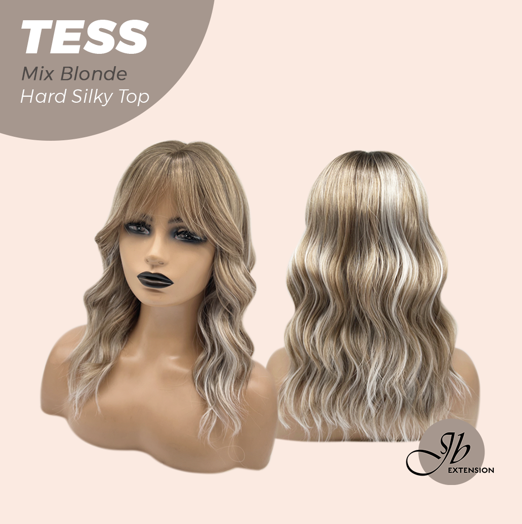 JBEXTENSION 15 Inches Scalpiana Wave Mix Blonde 3.5X4 Hard Silky Top Natural Scalp Effect Wig with Bangs TESS MIX BLONDE