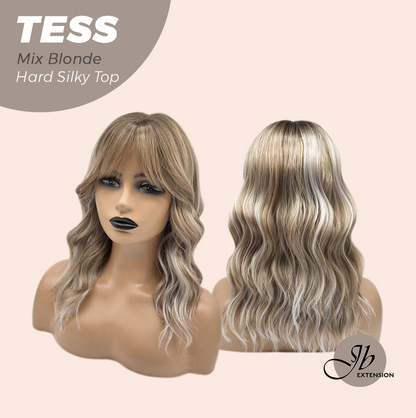 JBEXTENSION 15 Inches Scalpiana Wave Mix Blonde 3.5X4 Hard Silky Top Natural Scalp Effect Wig with Bangs TESS MIX BLONDE