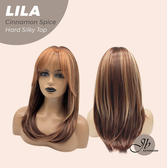 JBEXTENSION 20 Inches Scalpiana Cinnamon Spice Wolf Cut 3.5X4 Hard Silky Top Natural Scalp Effect Wig With Bangs LILA CINNAMON SPICE
