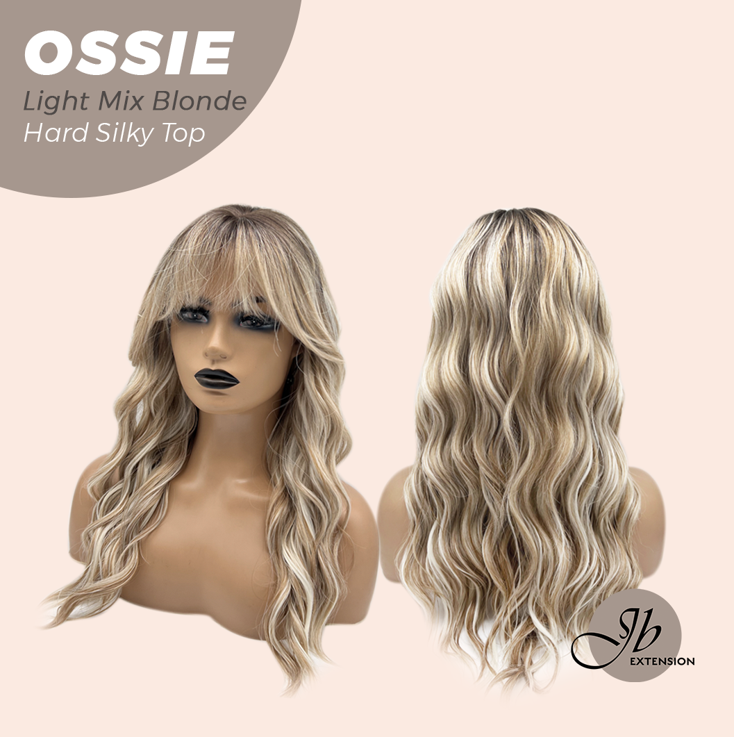 JBEXTENSION 22 Inches Scalpiana Long Wave Light Mix Blonde 3.5X4 Hard Silky Top Natural Scalp Effect Wig with Bangs OSSIE LIGHT MIX BLONDE