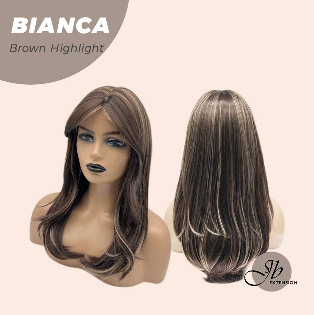 JBEXTENSION 20 Inches Curly Brown Highlight Wig with Bangs BIANCA BROWN HIGHLIGHT