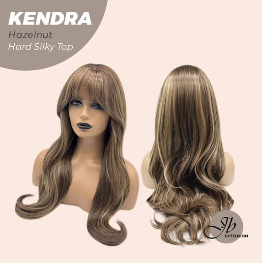 JBEXTENSION 26 Inches Scalpiana Long Curly Hazelnut 3.5X4 Hard Silky Top Natural Scalp Effect Wig with Bangs KENDRA HAZELNUT