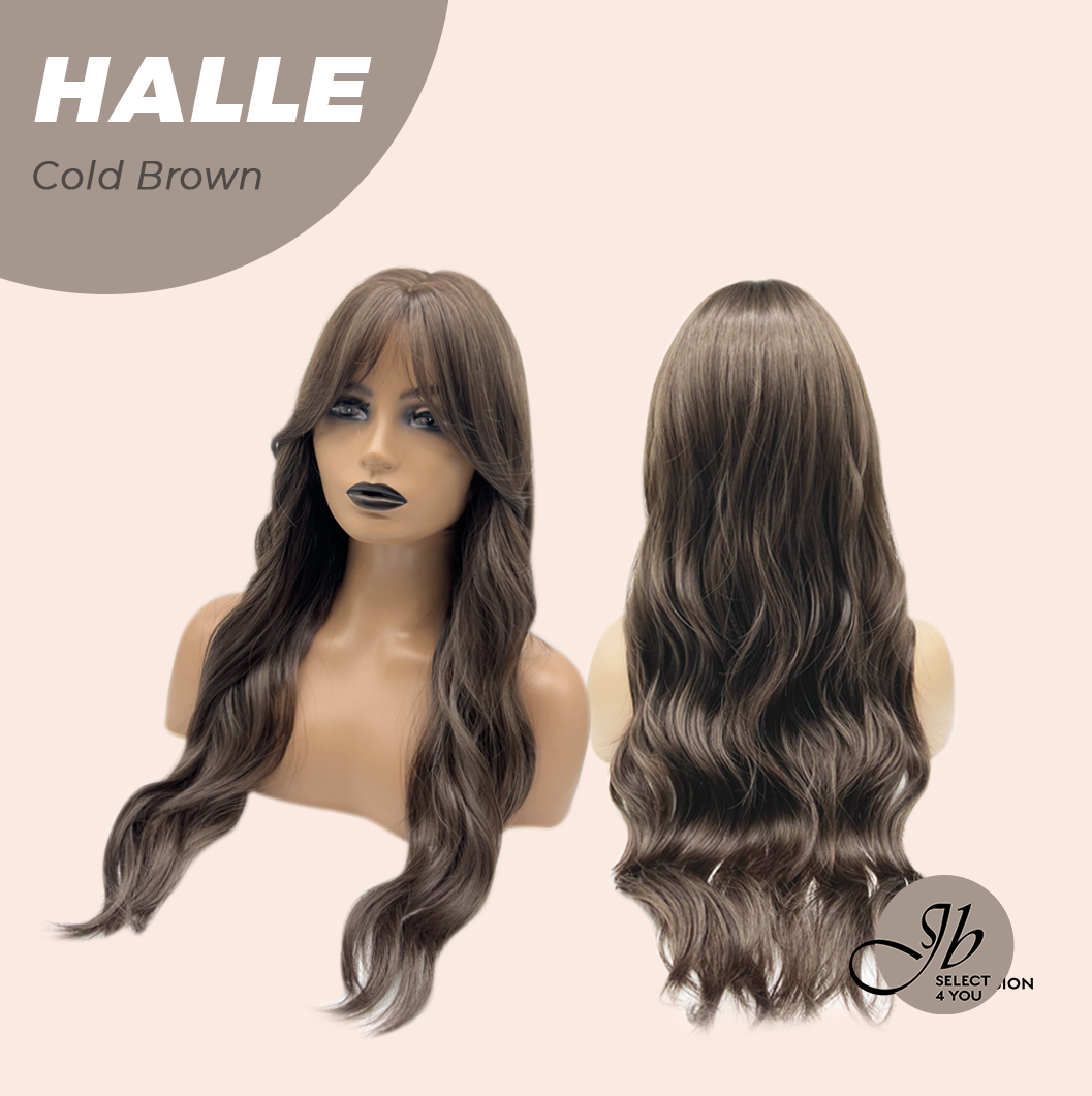 JBEXTENSION 27 Inches Long Wave Cold Brown Wig with Bangs HALLE COLD BROWN