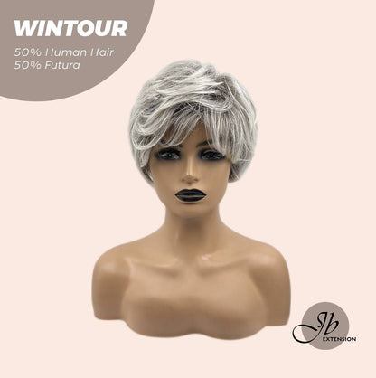 JBEXTENSION Pixie Cut Silver Half Real Human Hair Half Futura Fiber Fashion Women Wig WINTOUR