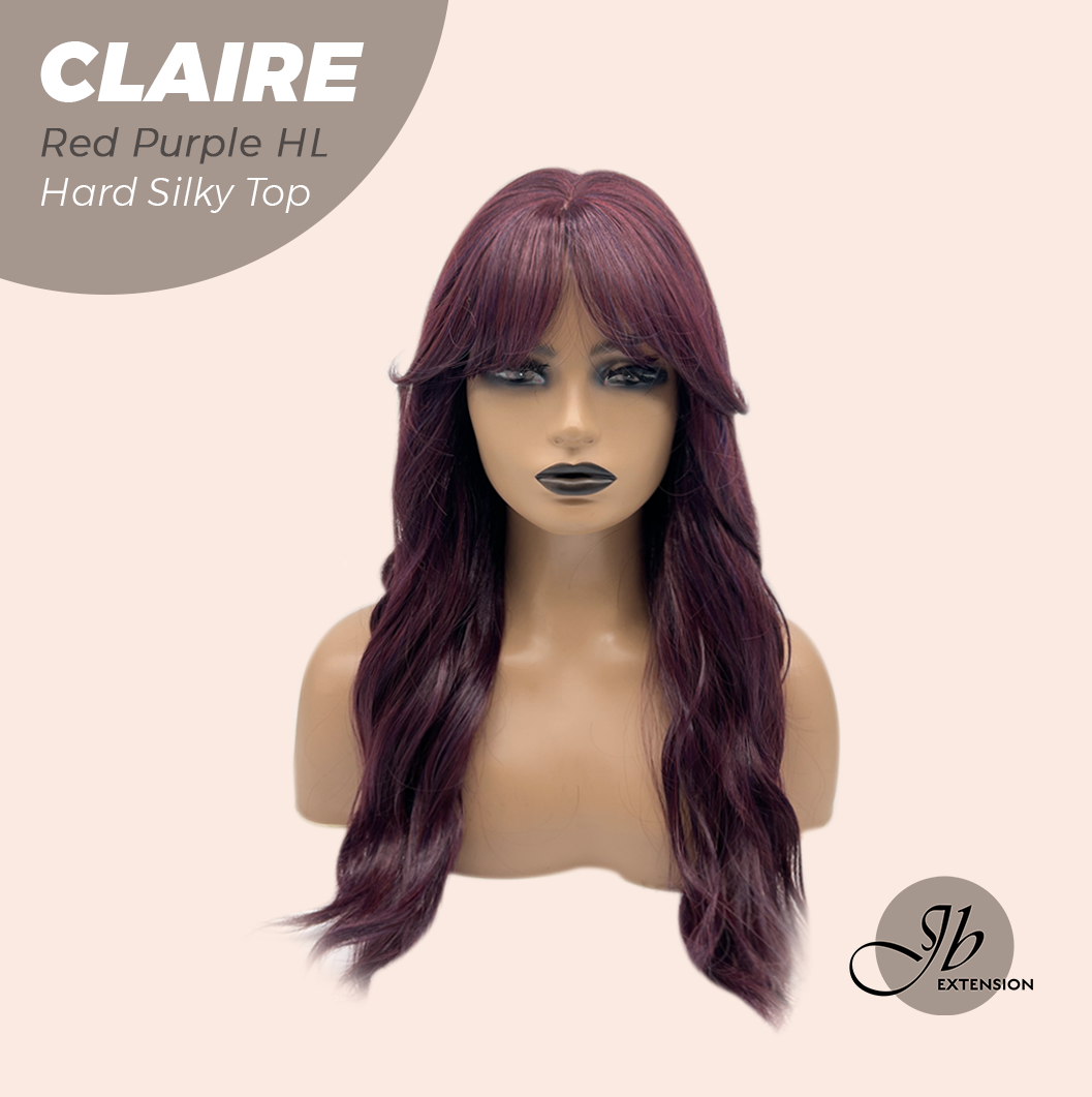 JBEXTENSION 22 Inches Scalpiana Red Purple Highlight 3.5X4 Hard Silky Top Natural Scalp Effect Women Wig with Bangs CLAIRE SILKY TOP - RED PURPLE HIGHLIGHT