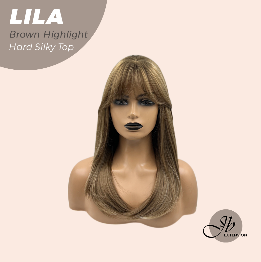 JBEXTENSION 20 Inches Scalpiana Brown Highlight Wolf Cut 3.5X4 Hard Silky Top Natural Scalp Effect Wig With Bangs LILA BROWN HIGHLIGHT