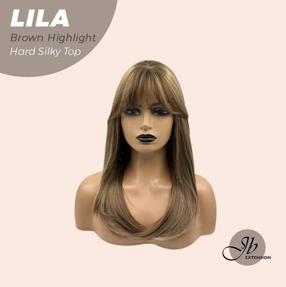 JBEXTENSION 20 Inches Scalpiana Brown Highlight Wolf Cut 3.5X4 Hard Silky Top Natural Scalp Effect Wig With Bangs LILA BROWN HIGHLIGHT
