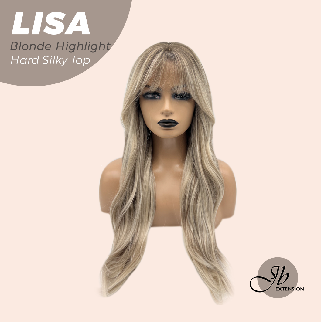 JBEXTENSION 26 Inches Scalpiana Long Curly Blonde Highlight 3.5X4 Hard Silky Top Natural Scalp Effect Wig with Bangs LISA BLONDE HIGHLIGHT