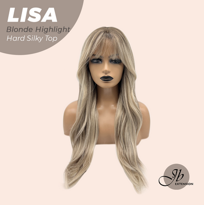 JBEXTENSION 26 Inches Scalpiana Long Curly Blonde Highlight 3.5X4 Hard Silky Top Natural Scalp Effect Wig with Bangs LISA BLONDE HIGHLIGHT
