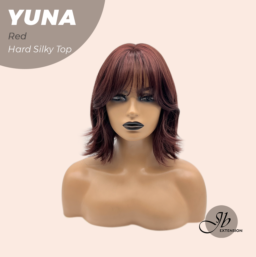 JBEXTENSION 12 Inches Scalpiana Dark Red 3.5X4 Hard Silky Top Natural Scalp Effect Women Wig With Bangs YUNA RED