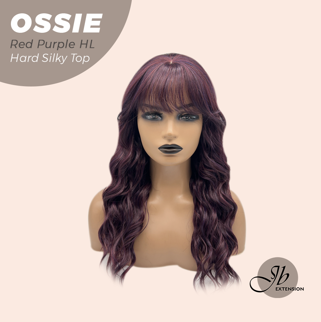 JBEXTENSION 22 Inches Scalpiana Long Wave Red Purple Highlight 3.5X4 Hard Silky Top Natural Scalp Effect Wig with Bangs OSSIE RED PURPLE HIGHLIGHT