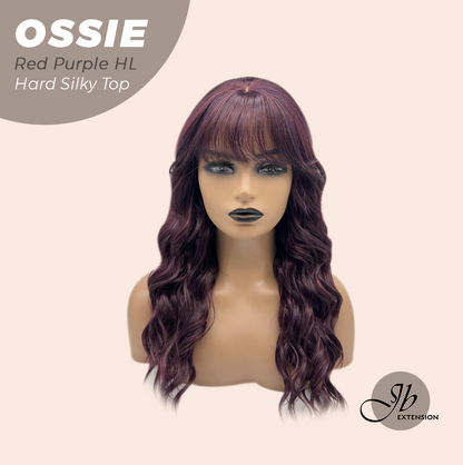 JBEXTENSION 22 Inches Scalpiana Long Wave Red Purple Highlight 3.5X4 Hard Silky Top Natural Scalp Effect Wig with Bangs OSSIE RED PURPLE HIGHLIGHT