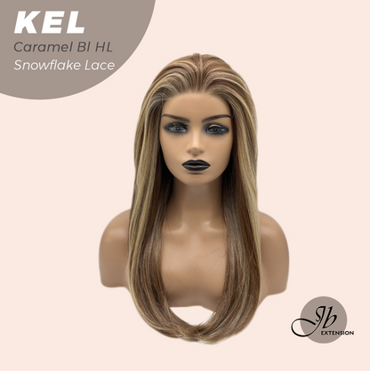 JBEXTENSION 22 Inches Caramel Blonde Highlight Pre-Cut Snowflake Lace Frontlace Glueless Wig KEL CARAMEL BLONDE HIGHLIGHT【PERMATEASE】【BENDY EAR TABS】- M/L