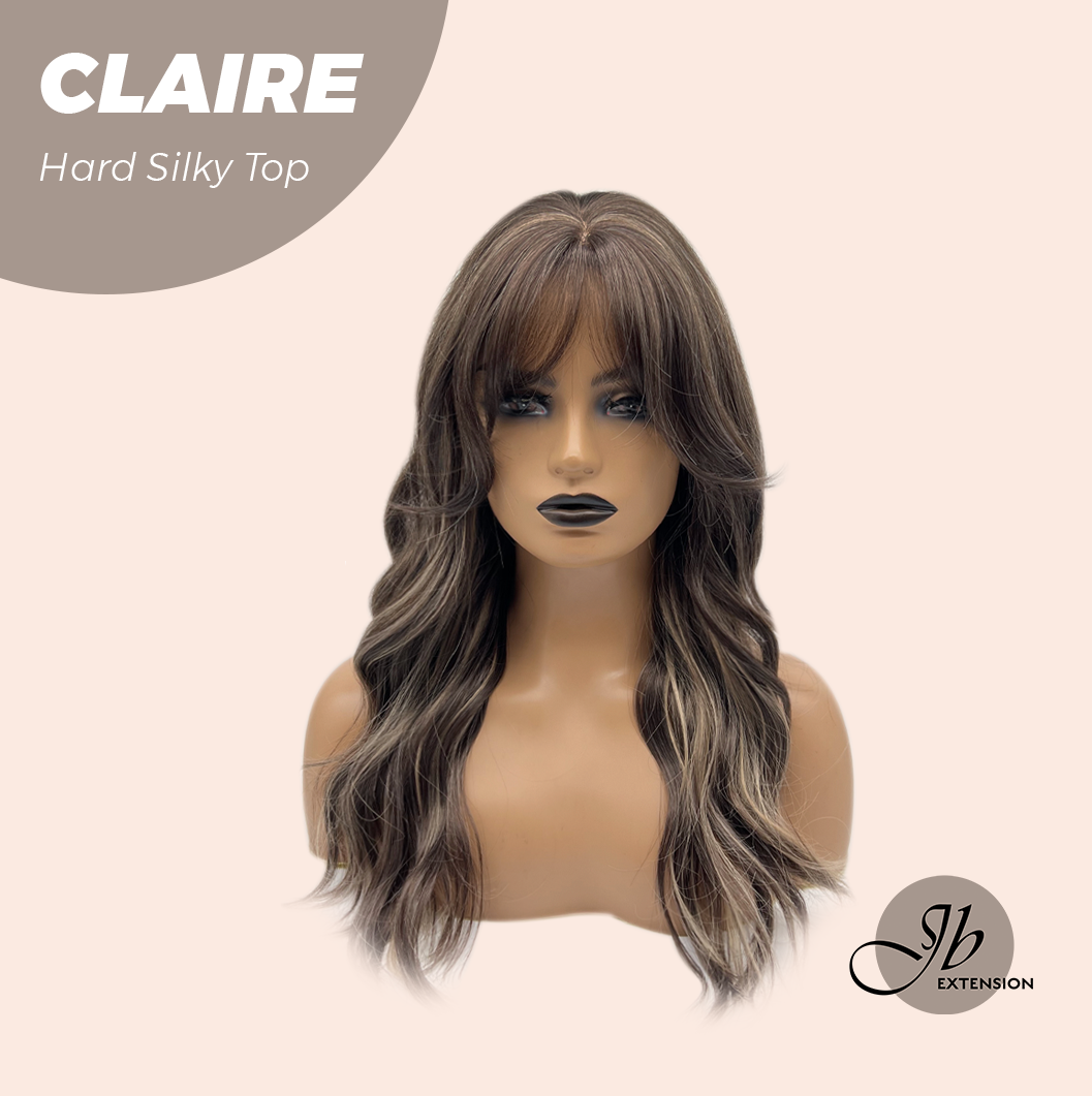 JBEXTENSION 22 Inches Scalpiana Brown with Highlight 3.5X4 Hard Silky Top Natural Scalp Effect Women Wig with Bangs CLAIRE SILKY TOP - BROWN HIGHLIGHT