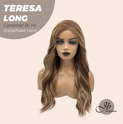 JBEXTENSION 22 Inches Long Caramel Blonde Highlight Pre-Cut Snowflake Lace Frontlace Glueless Wig TERESA LONG CARAMEL BLONDE HIGHLIGHT【PERMATEASE】【BENDY EAR TABS】- M/L