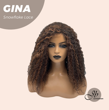 [FINAL SALE] JBEXTENSION 16 Inches Deep Curly Black with Brown Highlight Pre-Cut Snowflake Lace Frontlace Glueless Wig GINA SNOWFLAKE【PERMATEASE】【BENDY EAR TABS】