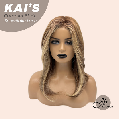 JBEXTENSION 18 Inches Caramel Blonde Highlight Pre-Cut Snowflake Lace Frontlace Glueless Wig KAI'S CARAMEL BLONDE HIGHLIGHT【PERMATEASE】【BENDY EAR TABS】- M/L