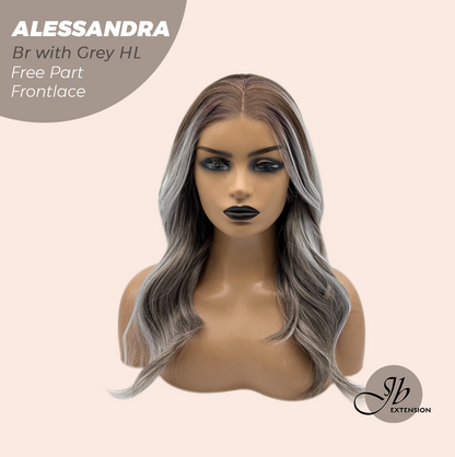 JBEXTENSION 20 Inches Brown with Grey Highlight Curly Fiber X, Tangle Less Pre-Cut Free Part Frontlace Glueless Wig ALESSANDRA GREY【FIBER X】