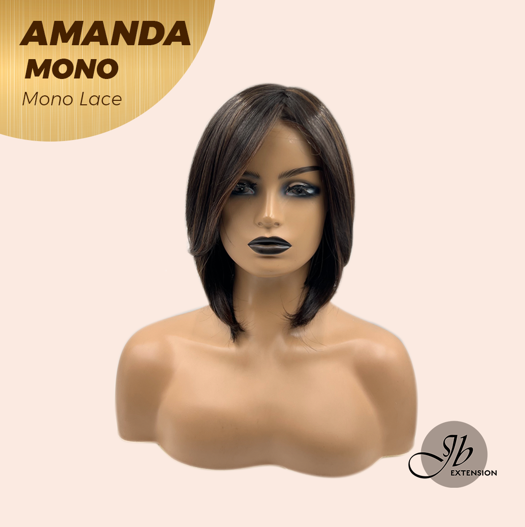 JBEXTENSION AMANDA MONO Full Monofilament Handmade Full Lace Full Hand Tied Wig 10 Inches Black With Caramel Highlight Mono Lace Handmade Futura Fiber Wig Glueless Wig AMANDA MONO【BENDY EAR TABS】