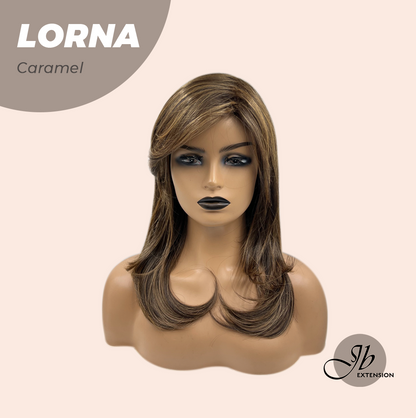 [FINAL SALE] HOT OF SEASON -18 Inches Caramel Curly Women Fashion Full Machine Wig With Bangs LORNA CARAMEL【PLUS PERMATEASE】【BENDY EAR TABS】