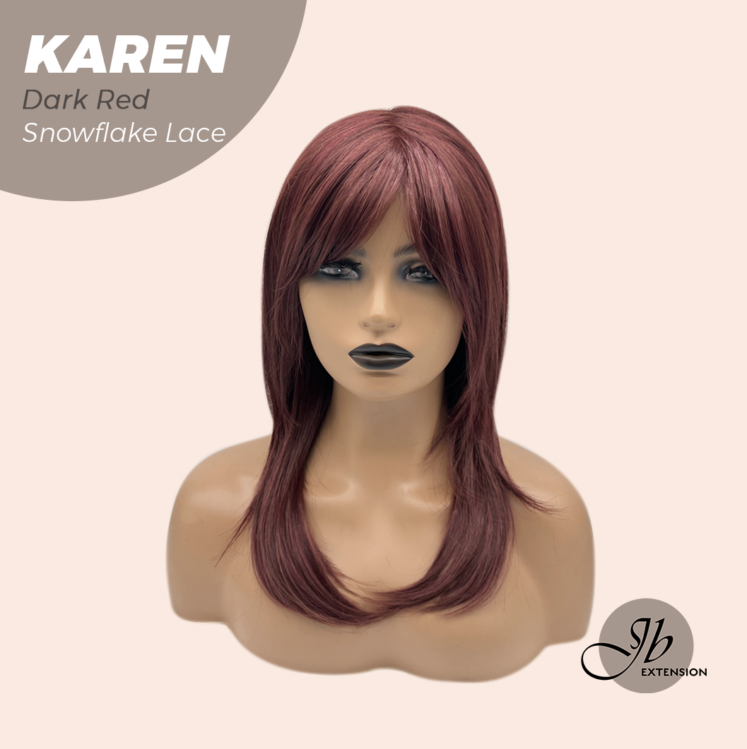 JBEXTENSION 18 Inches Dark Red Pre-Cut Arc Snowflake Lace Frontlace Glueless Wig KAREN DARK RED【BENDY EAR TABS】