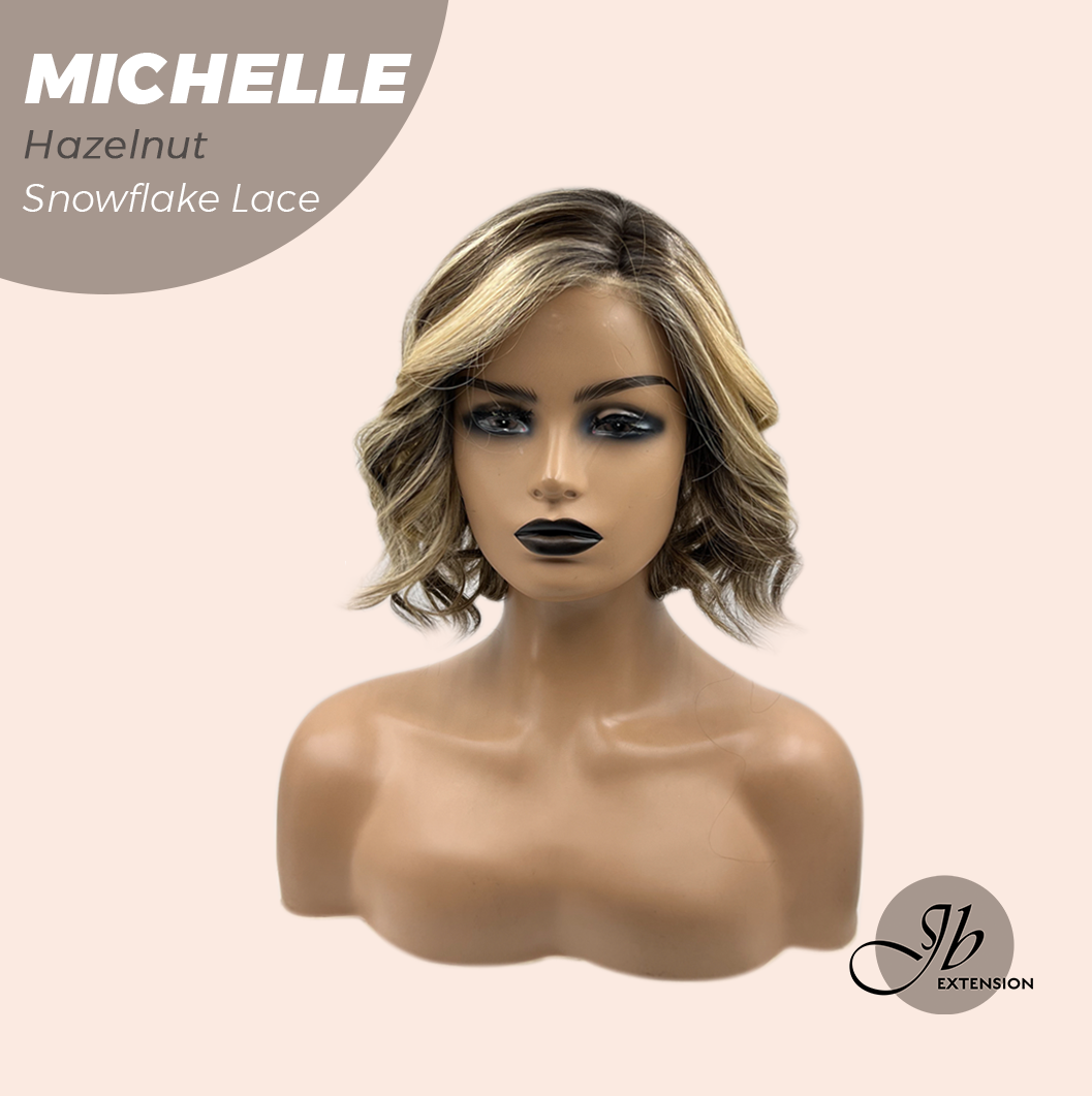 JBEXTENSION 10 Inches Hazelnut Blonde Highlight Pre-Cut Side Part Snowflake Lace Frontlace Glueless Wig MICHELLE HAZELNUT【BENDY EAR TABS】- S/M