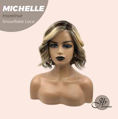 JBEXTENSION 10 Inches Hazelnut Blonde Highlight Pre-Cut Side Part Snowflake Lace Frontlace Glueless Wig MICHELLE HAZELNUT【BENDY EAR TABS】- S/M