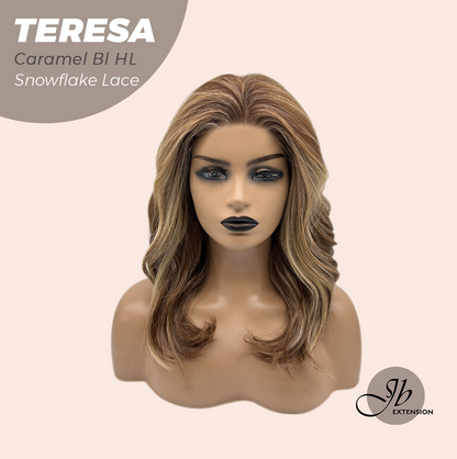 JBEXTENSION 18 Inches Caramel Blonde Highlight Pre-Cut Snowflake Lace Frontlace Glueless Wig TERESA CARAMEL BLONDE HIGHLIGHT【PERMATEASE】【BENDY EAR TABS】- M/L