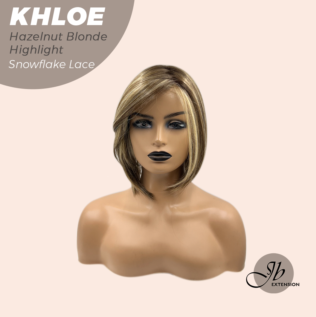 JBEXTENSION 12 Inches Bob Cut Hazelnut Blonde Highlight Pre-Cut Snowflake Lace Frontlace Glueless Wig KHLOE HAZELNUT【PERMATEASE】【BENDY EAR TABS】- S/M