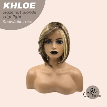 JBEXTENSION 12 Inches Bob Cut Hazelnut Blonde Highlight Pre-Cut Snowflake Lace Frontlace Glueless Wig KHLOE HAZELNUT【PERMATEASE】【BENDY EAR TABS】- S/M