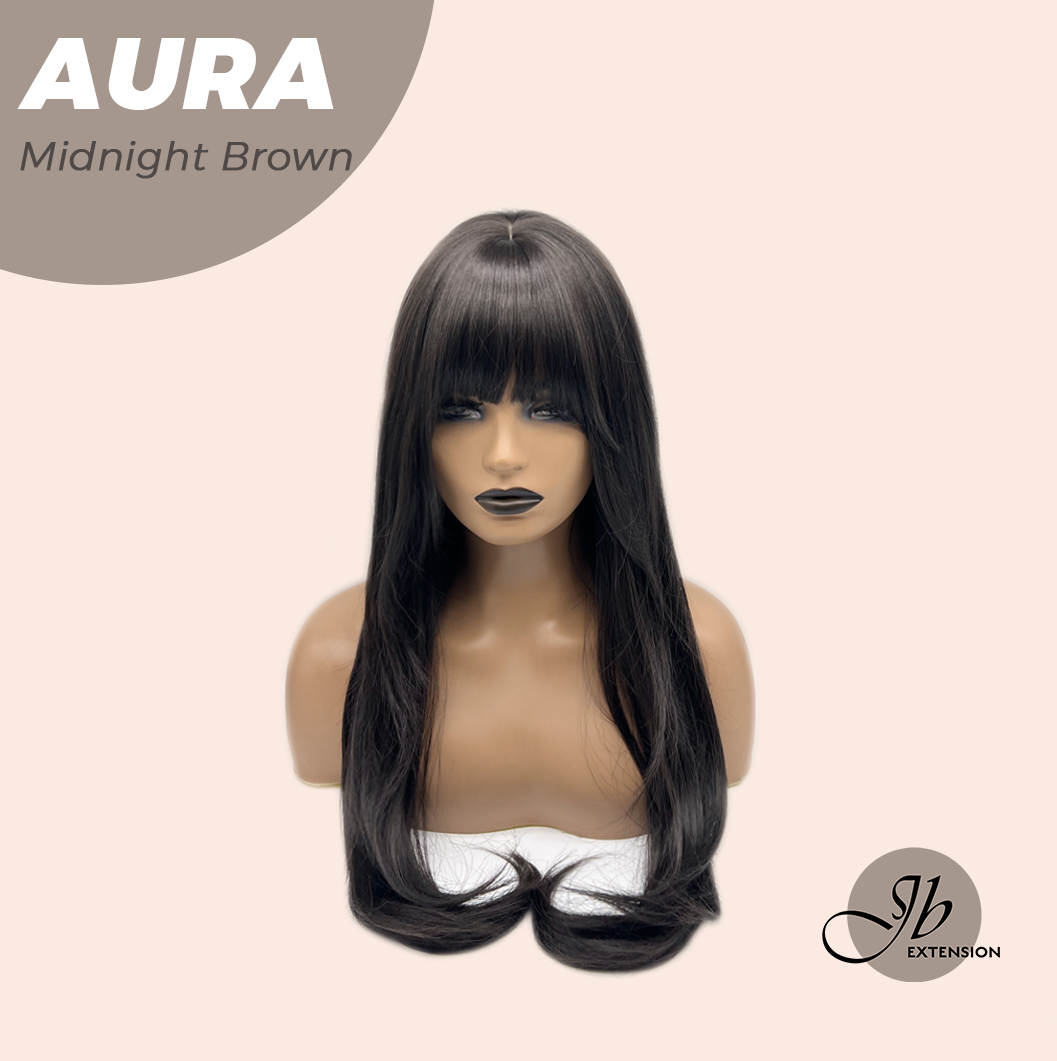 JBEXTENSION 26 Inches Long Midnight Brown(Black/Brown) Wig with Bangs AURA MIDNIGHT BROWN