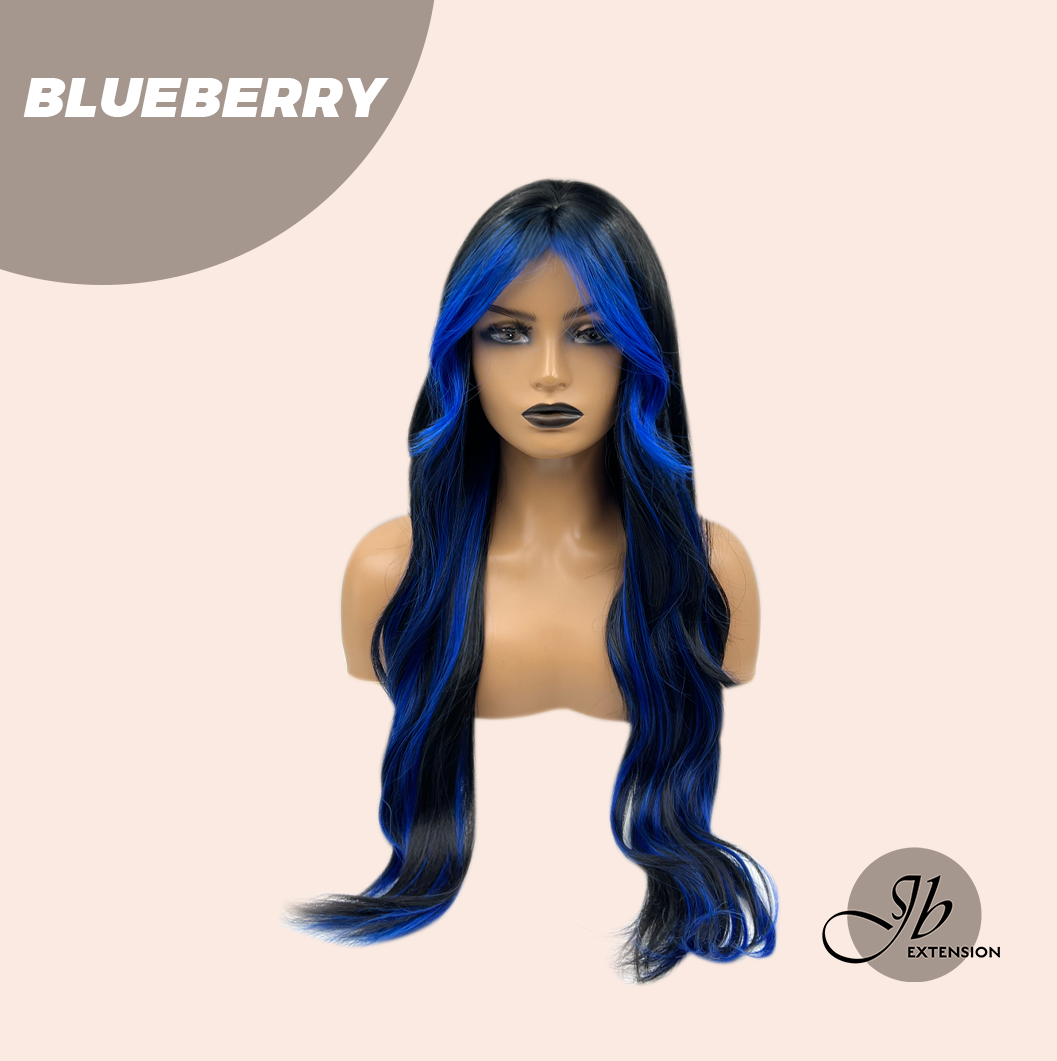 Get the Influencer Look with 28 Inches Long Black With Blue Highlight Wave Wig With Bangs BLUEBERRY