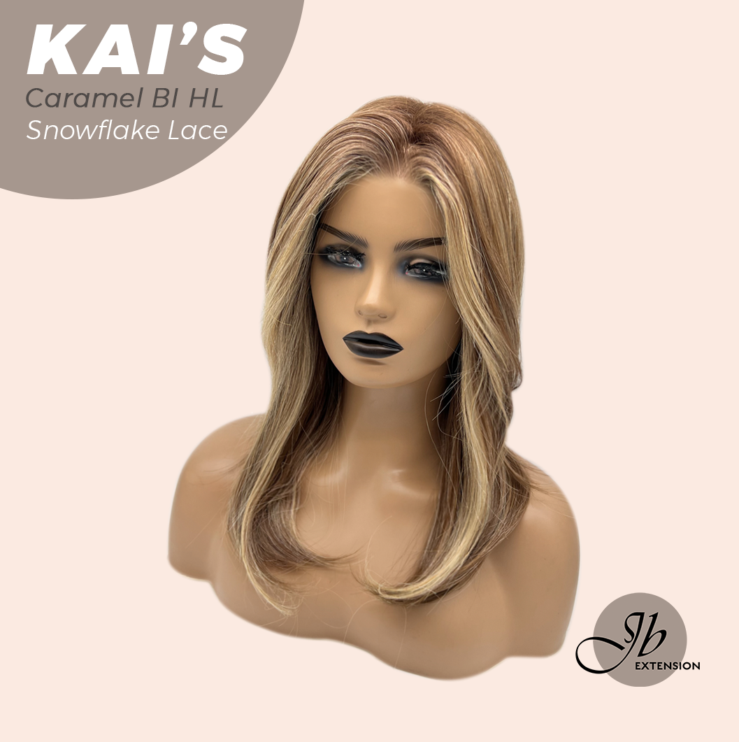 JBEXTENSION 18 Inches Caramel Blonde Highlight Pre-Cut Snowflake Lace Frontlace Glueless Wig KAI'S CARAMEL BLONDE HIGHLIGHT【PERMATEASE】【BENDY EAR TABS】- M/L