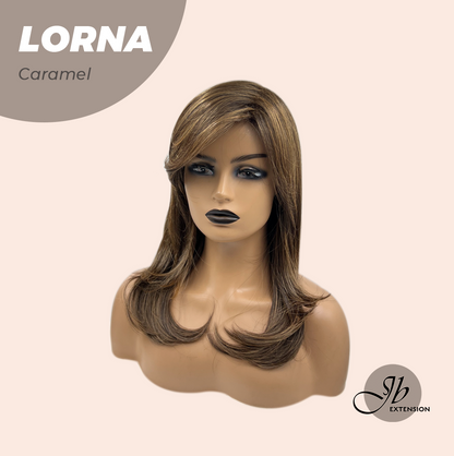 [FINAL SALE] HOT OF SEASON -18 Inches Caramel Curly Women Fashion Full Machine Wig With Bangs LORNA CARAMEL【PLUS PERMATEASE】【BENDY EAR TABS】