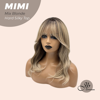 JBEXTENSION 16 Inches Scalpiana 3.5X4 Hard Silky Top Natural Scalp Effect Mix Blonde Body Wave Wig with Bangs Wig MIMI SILK TOP - MIX BLONDE