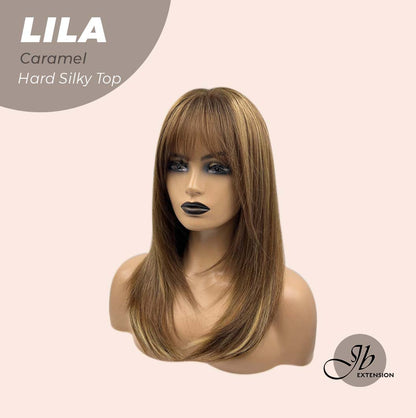JBEXTENSION 20 Inches Scalpiana Brown with Highlight Wolf Cut 3.5X4 Hard Silky Top Natural Scalp Effect Wig With Bangs LILA CARAMEL